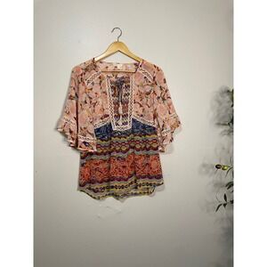Anthropologie Meadow Rue Boho Tunic Sheer Embroidered Lace Blouse Top Small